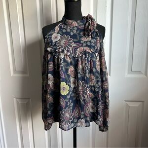 libby. edelman Navy Floral Cold-Shoulder Blouse with Neck Tie
